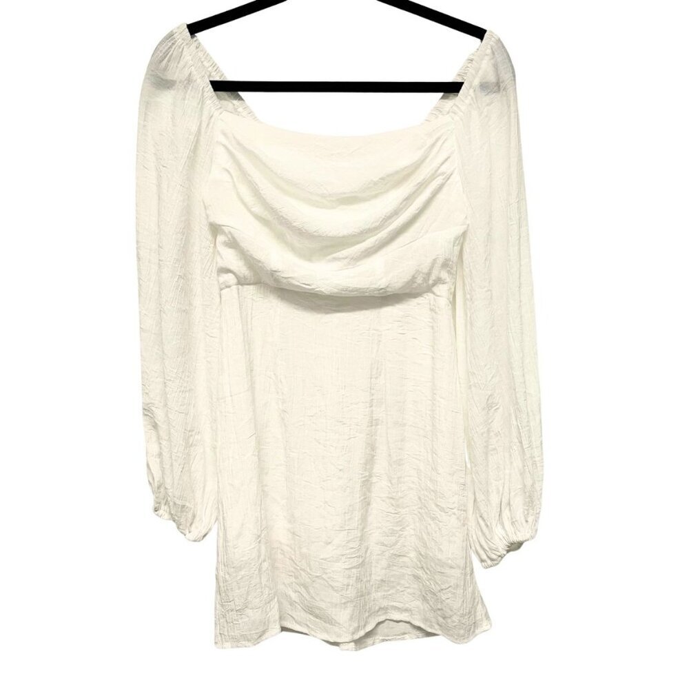 Princess Polly White/Ivory Long Sleeve Square Neck Crinkle Mini Dress - Size 4